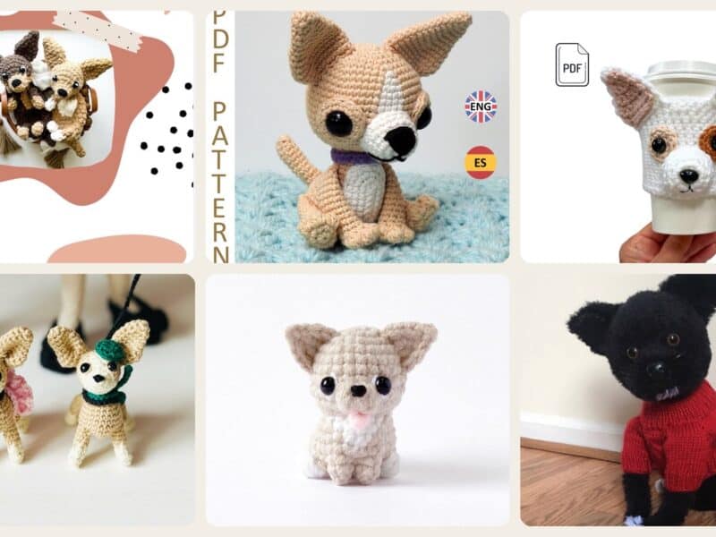 A selection of the crochet patterns in 35 Chihuahua Crochet Patterns to Stitch Tiny Dogs, Gifts, and Display Pieces