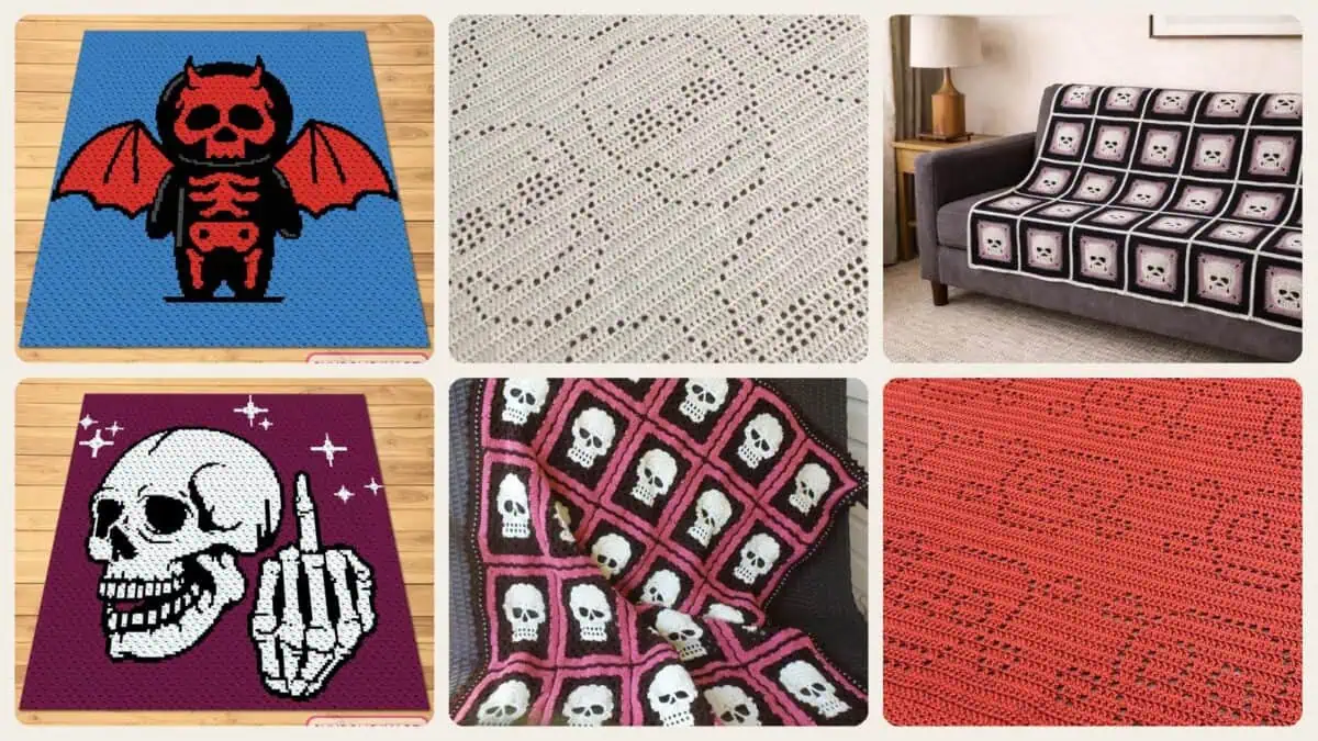 A selection of the crochet patterns in 25 Skull Blanket Crochet Patterns for Gothic, Halloween, and Boho Homes