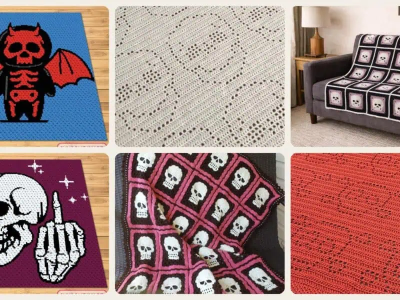 A selection of the crochet patterns in 25 Skull Blanket Crochet Patterns for Gothic, Halloween, and Boho Homes