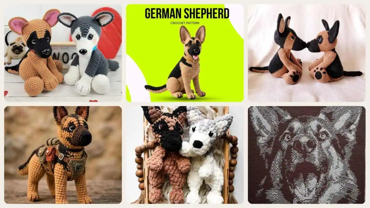 A selection of the crochet patterns in 39 German Shepherd Crochet Patterns for Amigurumi, Decor, and Dog Lover Gifts