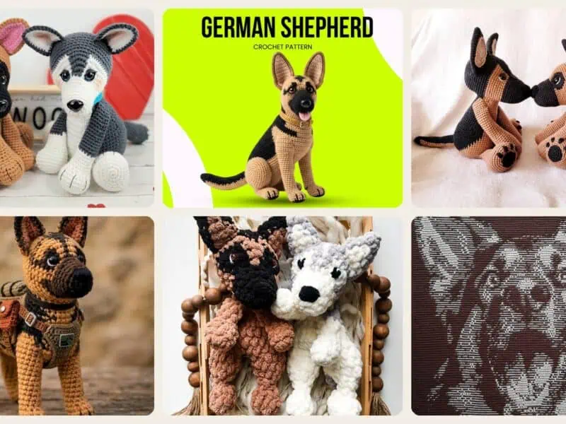 A selection of the crochet patterns in 39 German Shepherd Crochet Patterns for Amigurumi, Decor, and Dog Lover Gifts