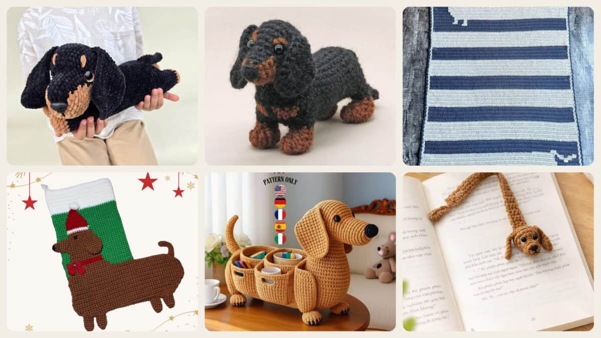 A selection of the crochet patterns in 40 Dachshund Crochet Patterns to Stitch for Gifts, Decor, and Everyday Cuteness