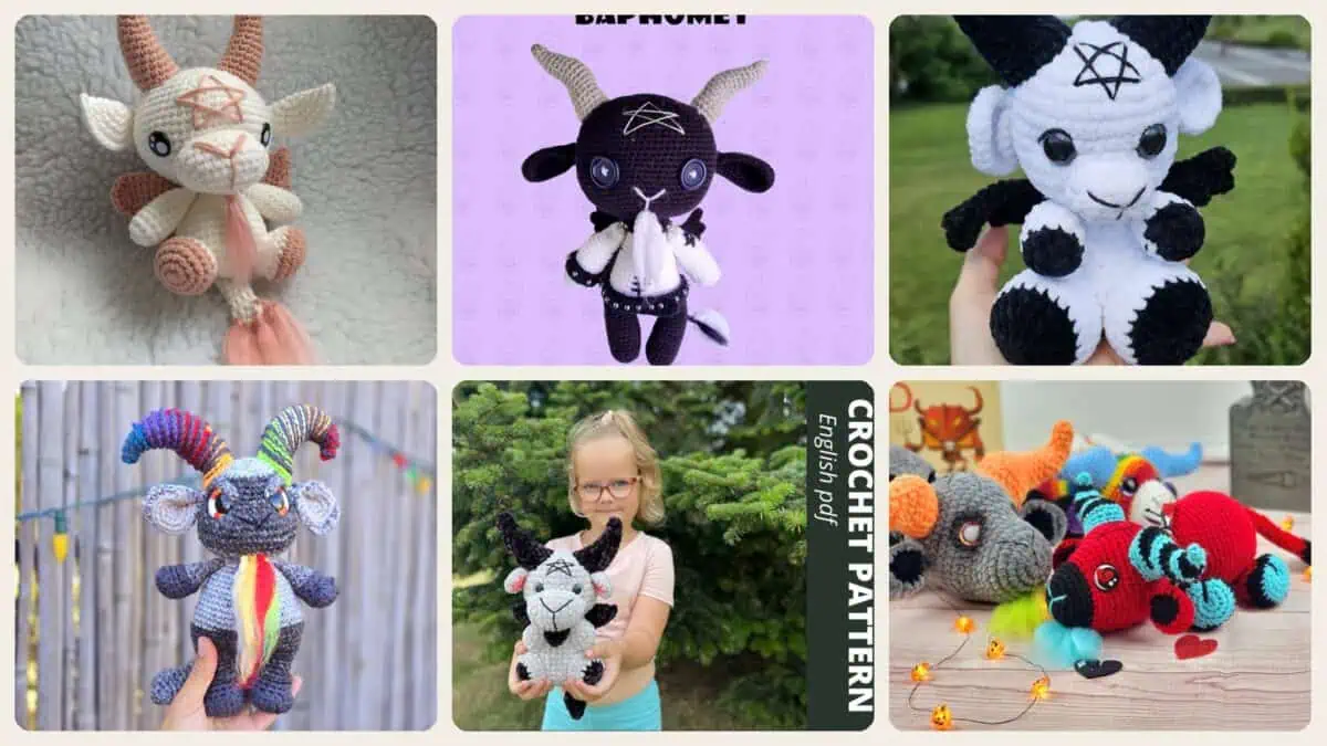 A selection of the crochet patterns in 22 Baphomet Crochet Patterns for Cute, Creepy Amigurumi Fans