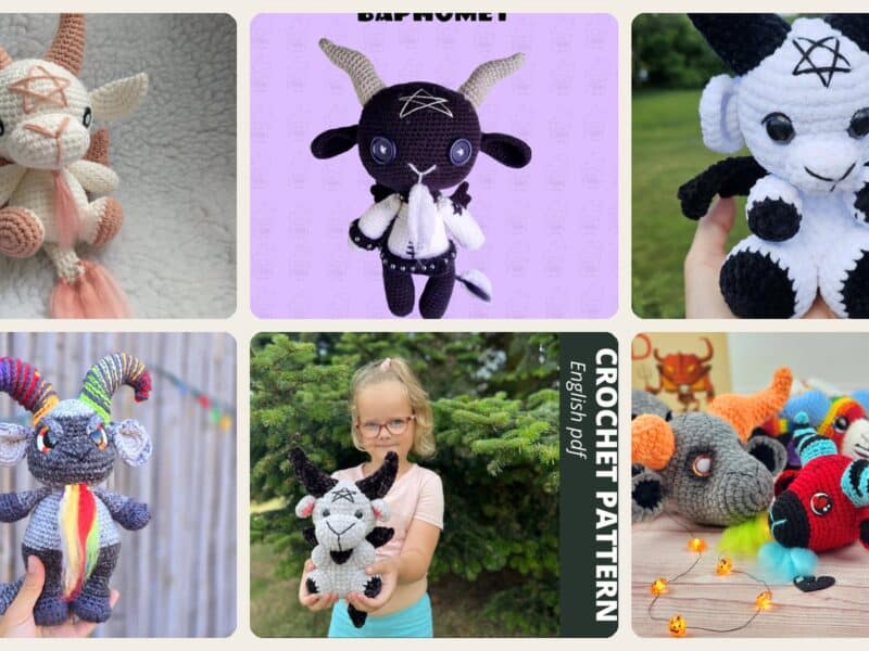 A selection of the crochet patterns in 22 Baphomet Crochet Patterns for Cute, Creepy Amigurumi Fans