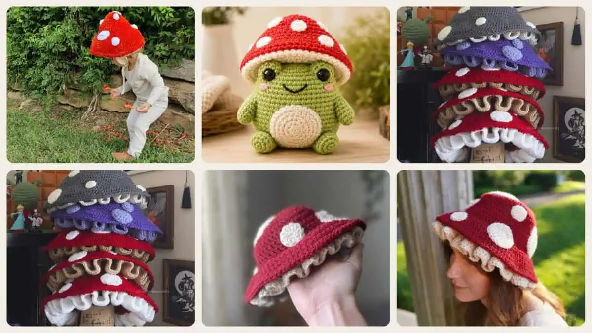 A selection of the crochet patterns in 27 Mushroom Hat Crochet Patterns for Cottagecore, Fantasy, and Everyday Wear