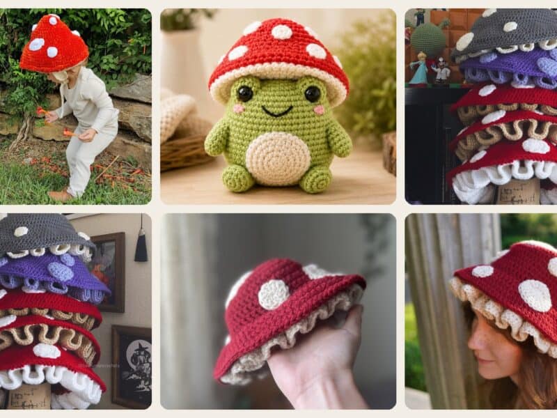 A selection of the crochet patterns in 27 Mushroom Hat Crochet Patterns for Cottagecore, Fantasy, and Everyday Wear