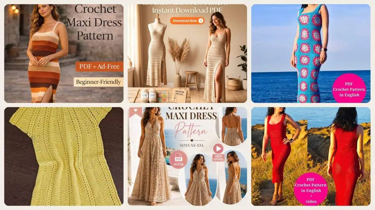 A selection of the crochet patterns in 40 Maxi Dress Crochet Patterns to Make Stunning Handmade Outfits