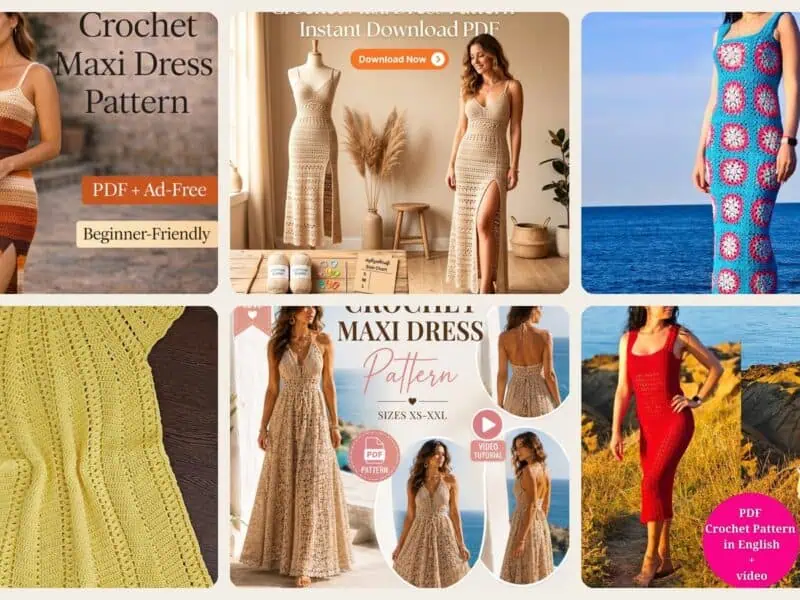 A selection of the crochet patterns in 40 Maxi Dress Crochet Patterns to Make Stunning Handmade Outfits