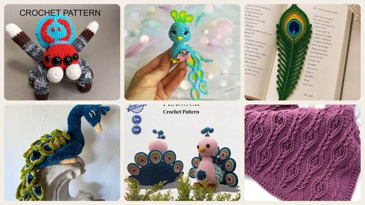 A selection of the crochet patterns in 40 Peacock Crochet Patterns That Bring Color, Texture, and Handmade Charm