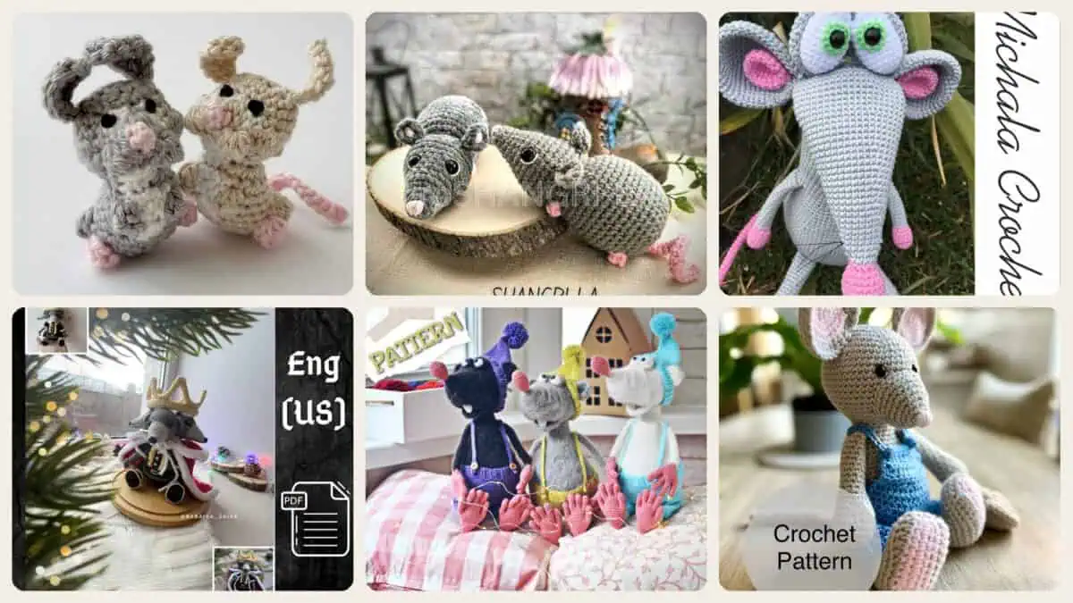 A selection of the crochet patterns in 40 Rat Crochet Patterns: Amigurumi Rats, Mice, and Whimsical Rodent Designs