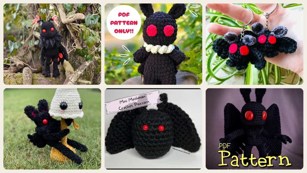 A selection of the crochet patterns in 21 Mothman Crochet Patterns for Cute, Creepy, and Display-Worthy Makes