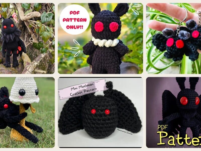 A selection of the crochet patterns in 21 Mothman Crochet Patterns for Cute, Creepy, and Display-Worthy Makes