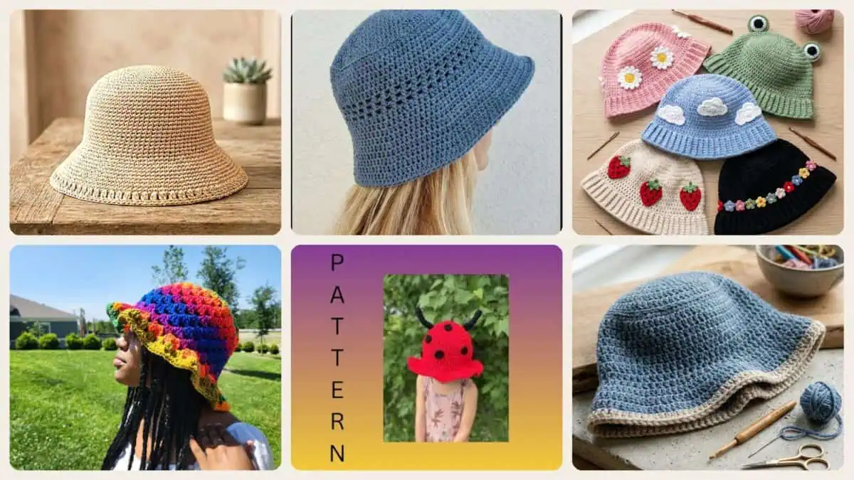 A selection of the crochet patterns in 40 Bucket Hat Crochet Patterns for Trendy, Giftable Makes