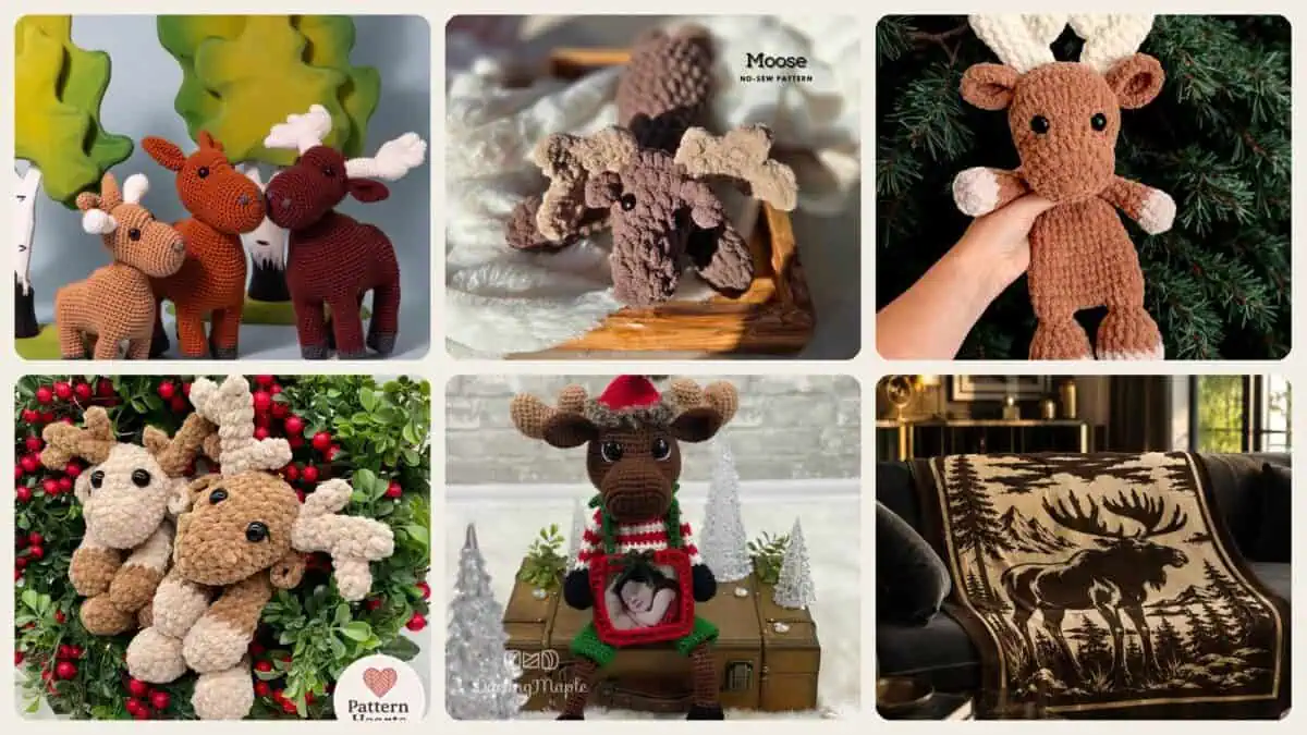 A selection of the crochet patterns in 40 Moose Crochet Patterns: Woodland Amigurumi, Loveys, Plushies, and More