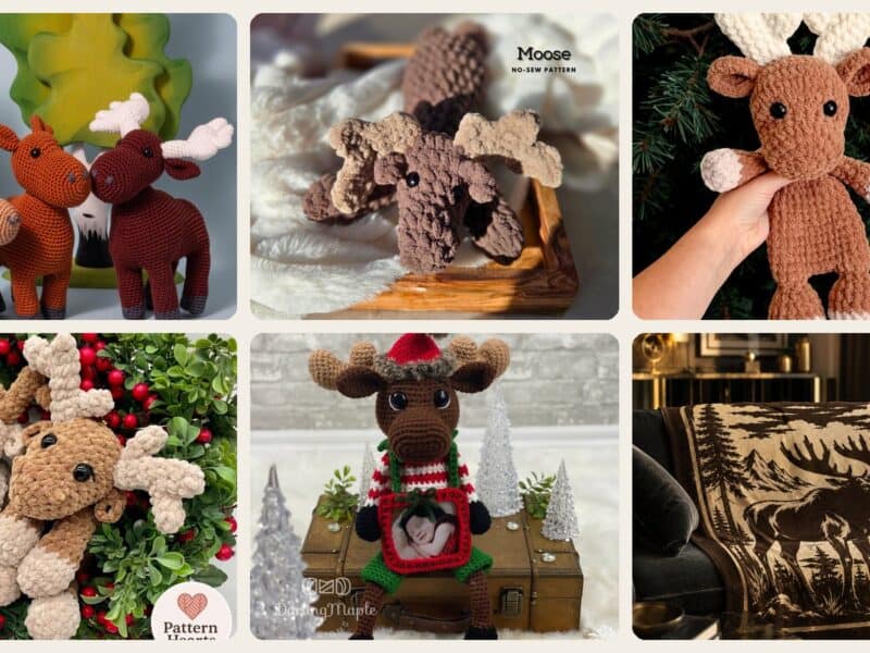 A selection of the crochet patterns in 40 Moose Crochet Patterns: Woodland Amigurumi, Loveys, Plushies, and More