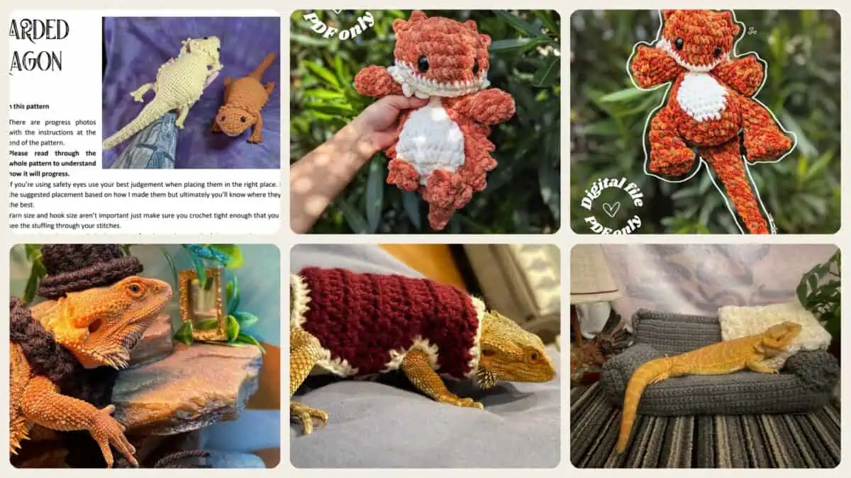 A selection of the crochet patterns in 16 Bearded Dragon Crochet Patterns for Reptile Lovers, Gifts, and Plush Decor