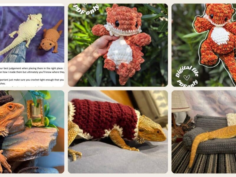 A selection of the crochet patterns in 16 Bearded Dragon Crochet Patterns for Reptile Lovers, Gifts, and Plush Decor
