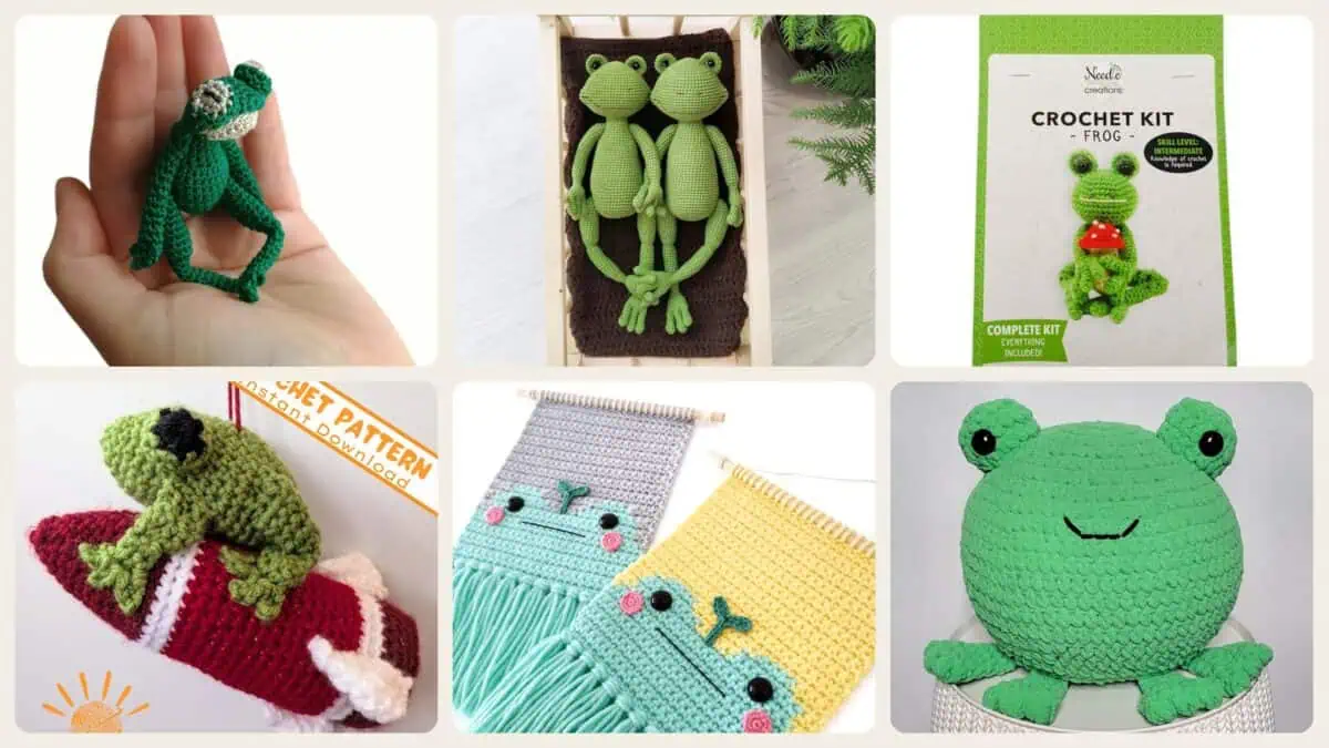 A selection of the crochet patterns in 40 Frog and Toad Crochet Patterns for Plush Toys, Bags, Decor, and Gifts