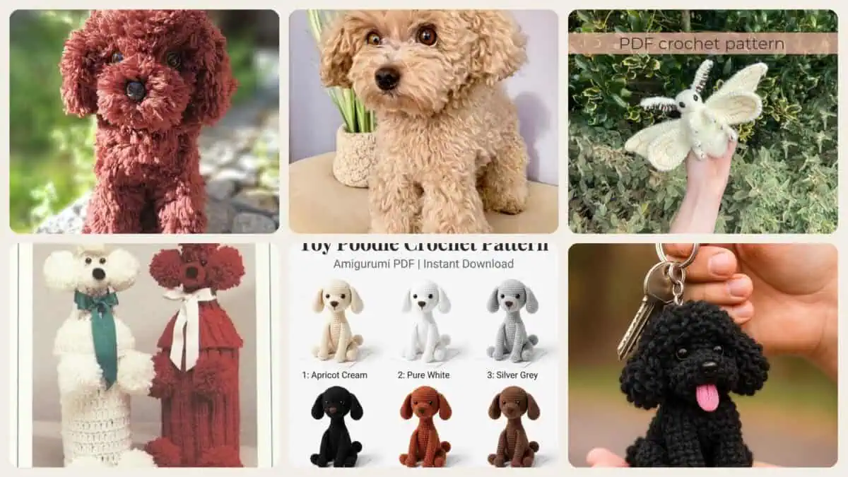 A selection of the crochet patterns in 40 Poodle Crochet Patterns to Stitch Adorable Dogs, Toys, and Textured Amigurumi