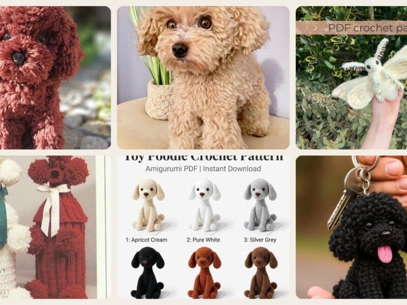 A selection of the crochet patterns in 40 Poodle Crochet Patterns to Stitch Adorable Dogs, Toys, and Textured Amigurumi