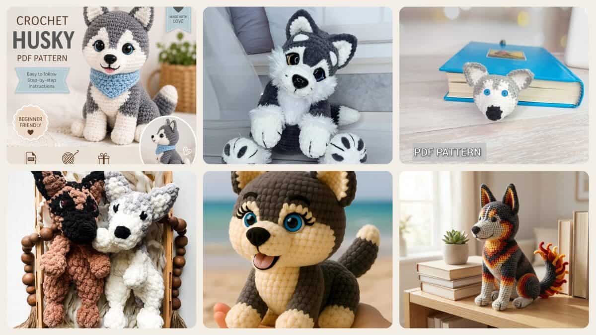 A selection of the crochet patterns in 40 Husky Crochet Patterns for Plushies, Loveys, Cup Cozies, and Handmade Gifts