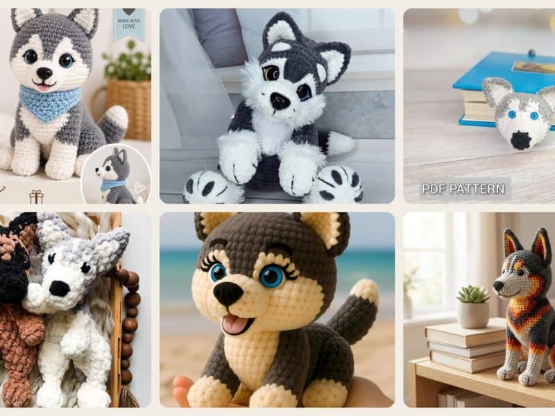 A selection of the crochet patterns in 40 Husky Crochet Patterns for Plushies, Loveys, Cup Cozies, and Handmade Gifts