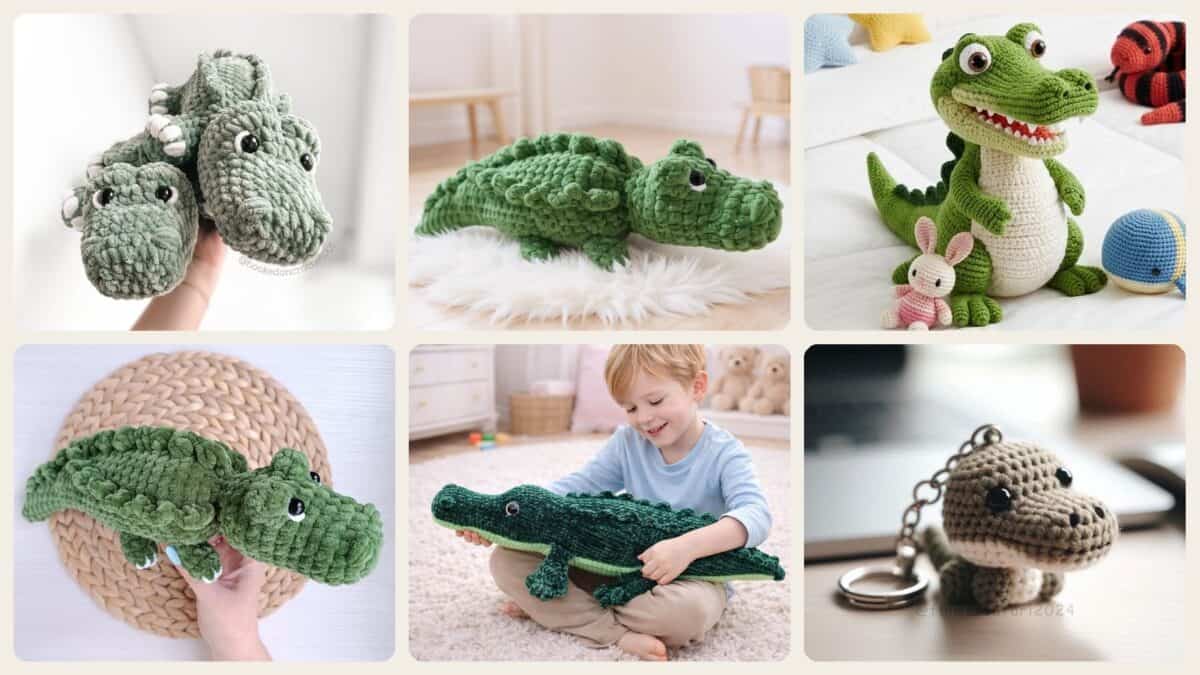 A selection of the crochet patterns in 40 Alligator Crochet Patterns for Handmade Gifts, Nursery Decor, and Playful Amigurumi