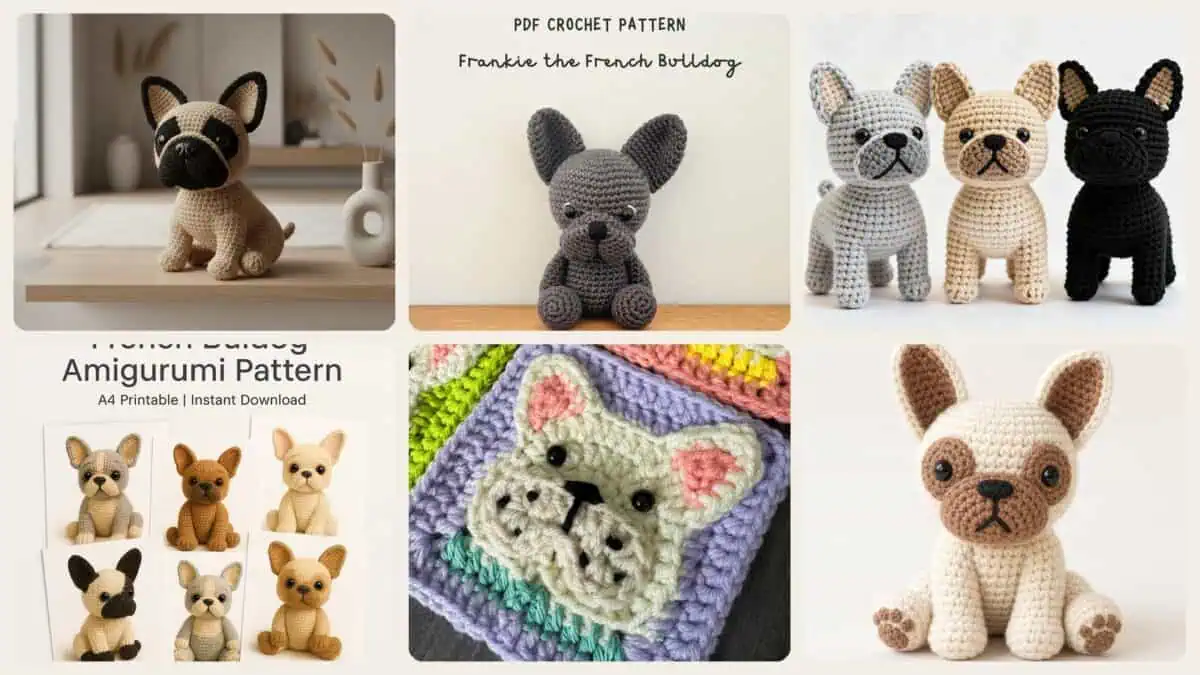 A selection of the crochet patterns in 40 French Bulldog Crochet Patterns for Adorable Amigurumi Dogs