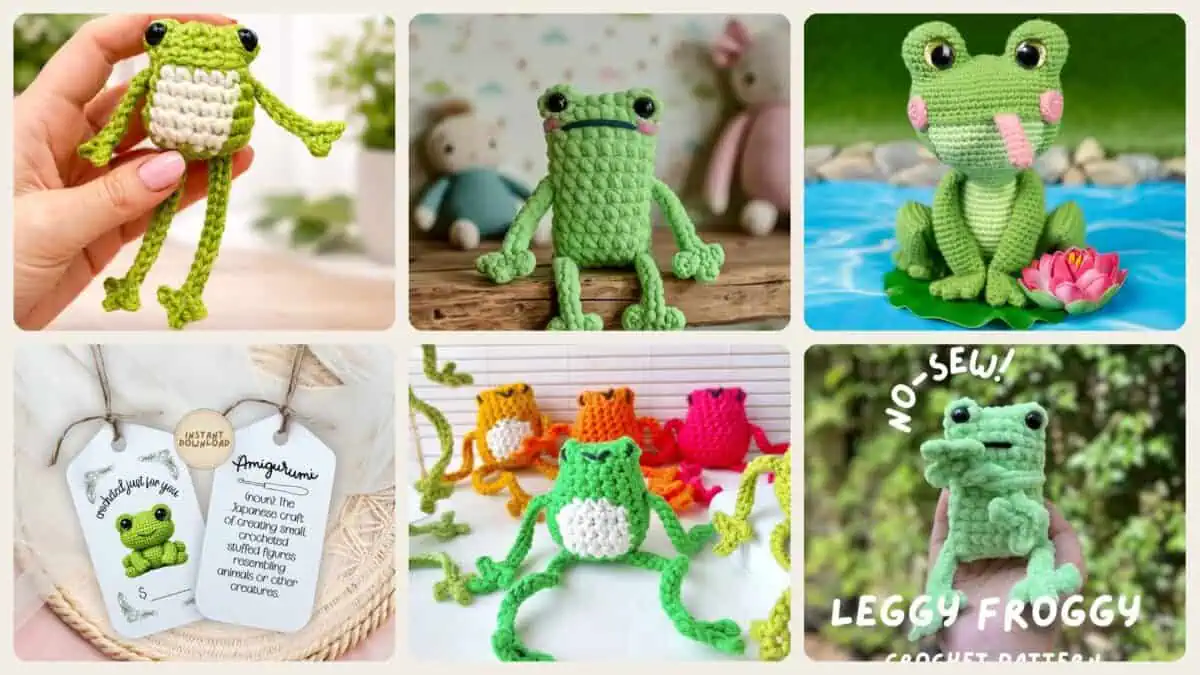 A selection of the crochet patterns in 24 Leggy Frog Crochet Patterns to Charm Kids and Frog Fans