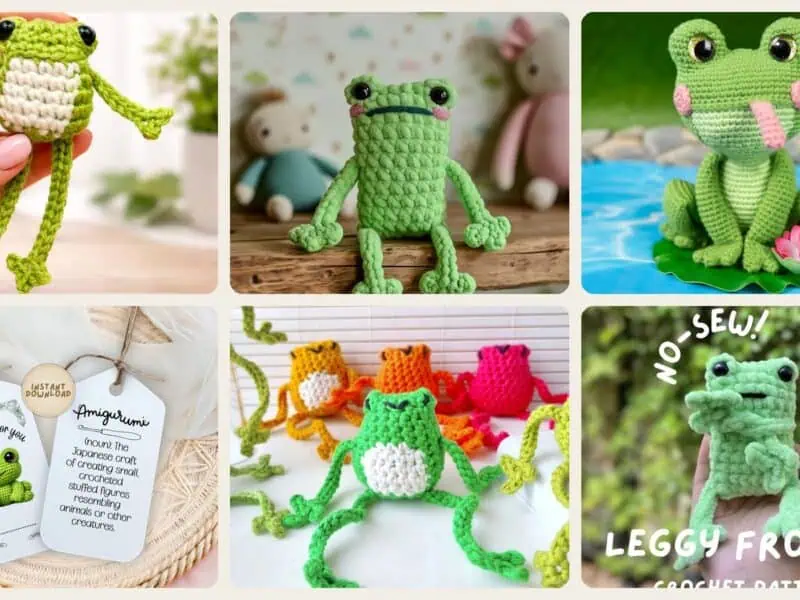 A selection of the crochet patterns in 24 Leggy Frog Crochet Patterns to Charm Kids and Frog Fans