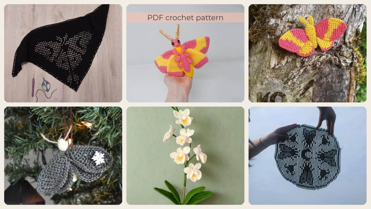 A selection of the crochet patterns in 40 Moth Crochet Patterns for Amigurumi, Wearables, and Whimsical Home Decor