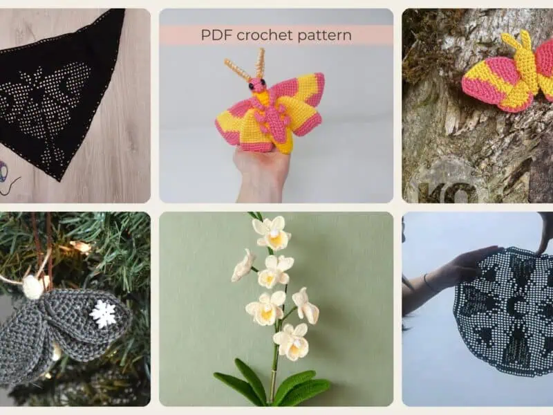 A selection of the crochet patterns in 40 Moth Crochet Patterns for Amigurumi, Wearables, and Whimsical Home Decor
