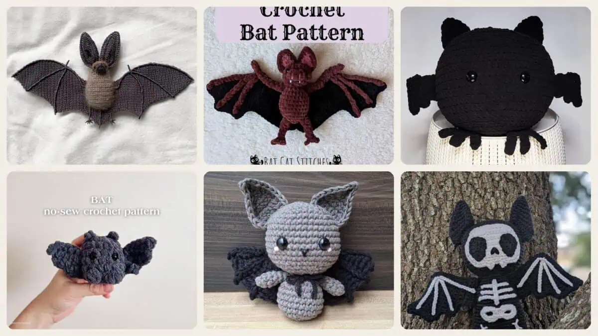 A selection of the crochet patterns in 40 Bat Crochet Patterns for Halloween Decor, Gifts, and Spooky-Cute Amigurumi