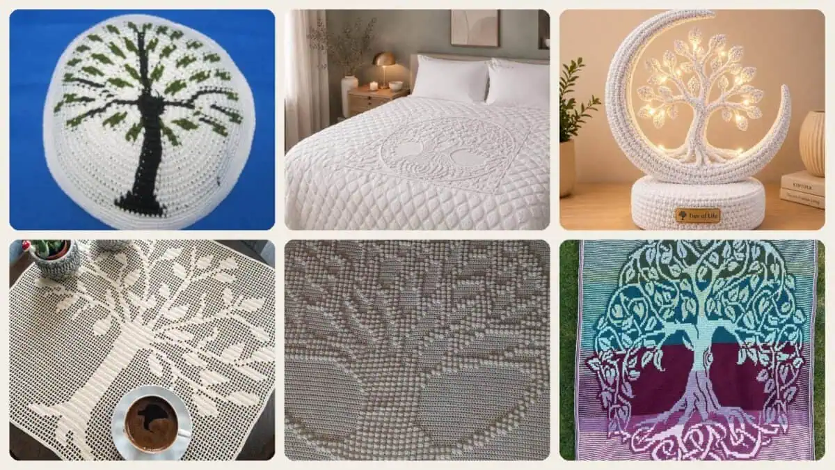 A selection of the crochet patterns in 19 Tree of Life Crochet Patterns to Add Meaningful Handmade Style to Your Home and...