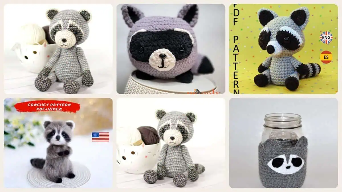 A selection of the crochet patterns in 40 Raccoon Crochet Patterns for Woodland Amigurumi, Plushies, and Loveys