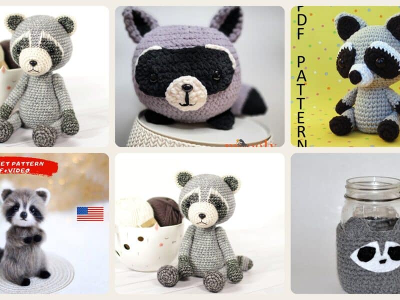 A selection of the crochet patterns in 40 Raccoon Crochet Patterns for Woodland Amigurumi, Plushies, and Loveys