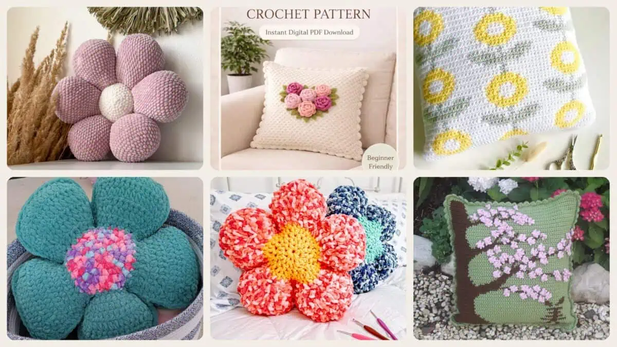 A selection of the crochet patterns in 33 Flower Pillow Crochet Patterns for Cozy, Giftable Home Décor