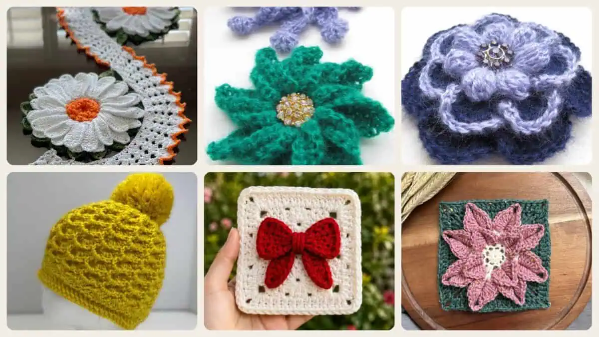 A selection of the crochet patterns in 6 3D Crochet Patterns for Texture, Shape, and Standout Handmade Projects