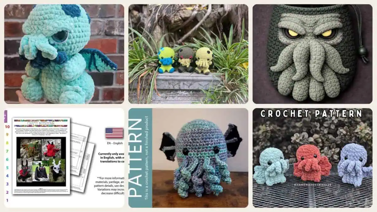 A selection of the crochet patterns in 15 Cthulhu Crochet Patterns for Lovecraftian Amigurumi, Plushies, and Gifts