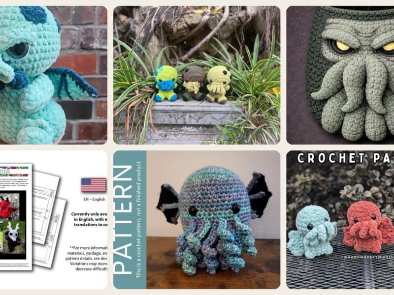 A selection of the crochet patterns in 15 Cthulhu Crochet Patterns for Lovecraftian Amigurumi, Plushies, and Gifts