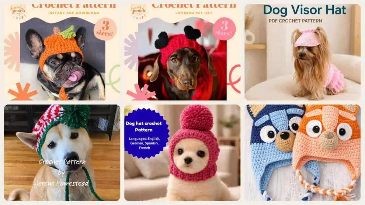 A selection of the crochet patterns in 40 Dog Hat Crochet Patterns to Make for Photos, Gifts, and Festive Dress-Up