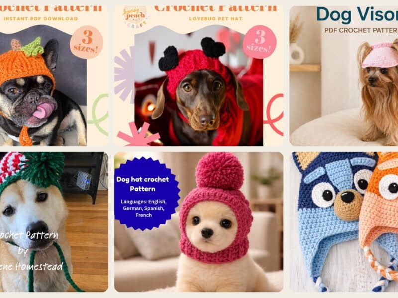 A selection of the crochet patterns in 40 Dog Hat Crochet Patterns to Make for Photos, Gifts, and Festive Dress-Up