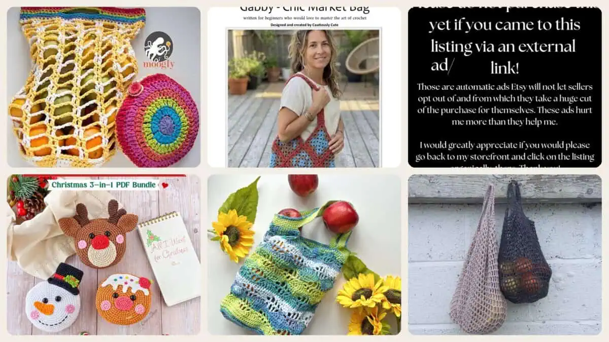 A selection of the crochet patterns in 40 Market Bag Crochet Patterns for Reusable Totes, Mesh Shoppers, and Everyday Carryalls