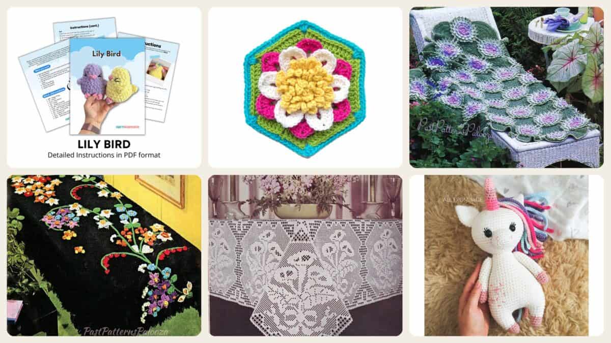 A selection of the crochet patterns in 40 Lily Crochet Patterns for Bouquets, Home Decor, and Handmade Gifts