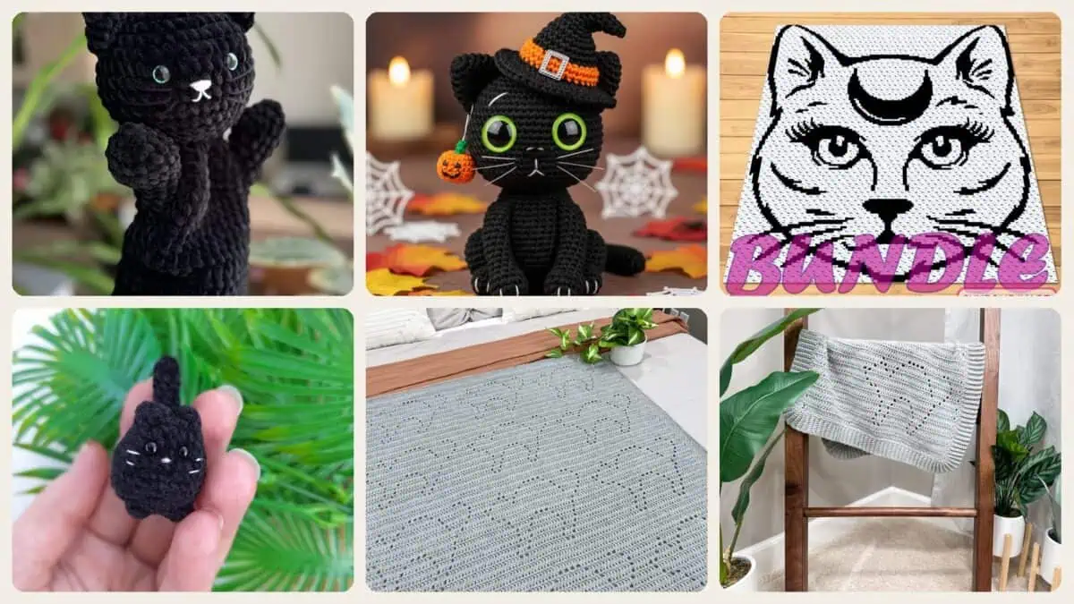 A selection of the crochet patterns in 40 Black Cat Crochet Patterns for Amigurumi, Bags, Keychains, and Cozy Handmade Gifts