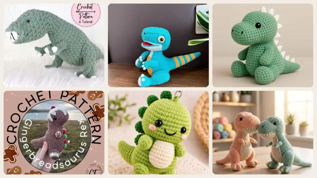A selection of the crochet patterns in 40 T-Rex Crochet Patterns: Unearth Your Creative Side with Dinosaur Designs