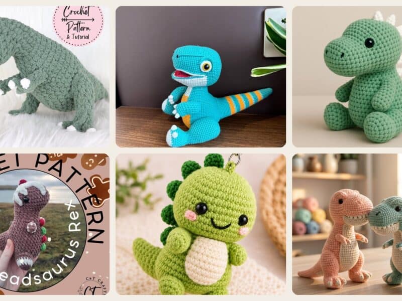A selection of the crochet patterns in 40 T-Rex Crochet Patterns: Unearth Your Creative Side with Dinosaur Designs