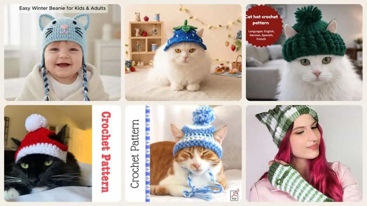 A selection of the crochet patterns in 40 Cat Hat Crochet Patterns for Cozy, Costume, and Playful Crochet Projects