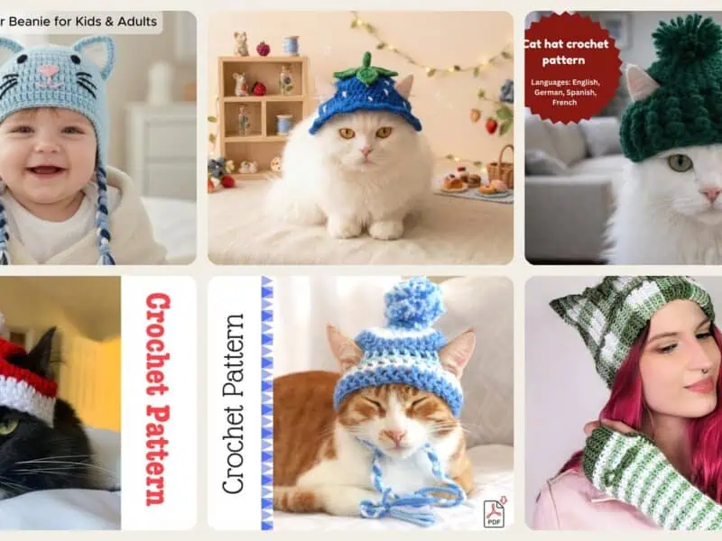 A selection of the crochet patterns in 40 Cat Hat Crochet Patterns for Cozy, Costume, and Playful Crochet Projects