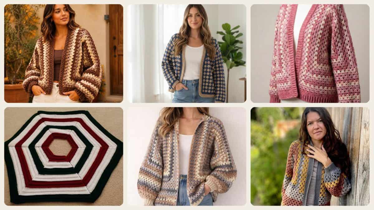 A selection of the crochet patterns in 40 Hexagon Cardigan Crochet Patterns: Create Unique Winter Warmers Now!
